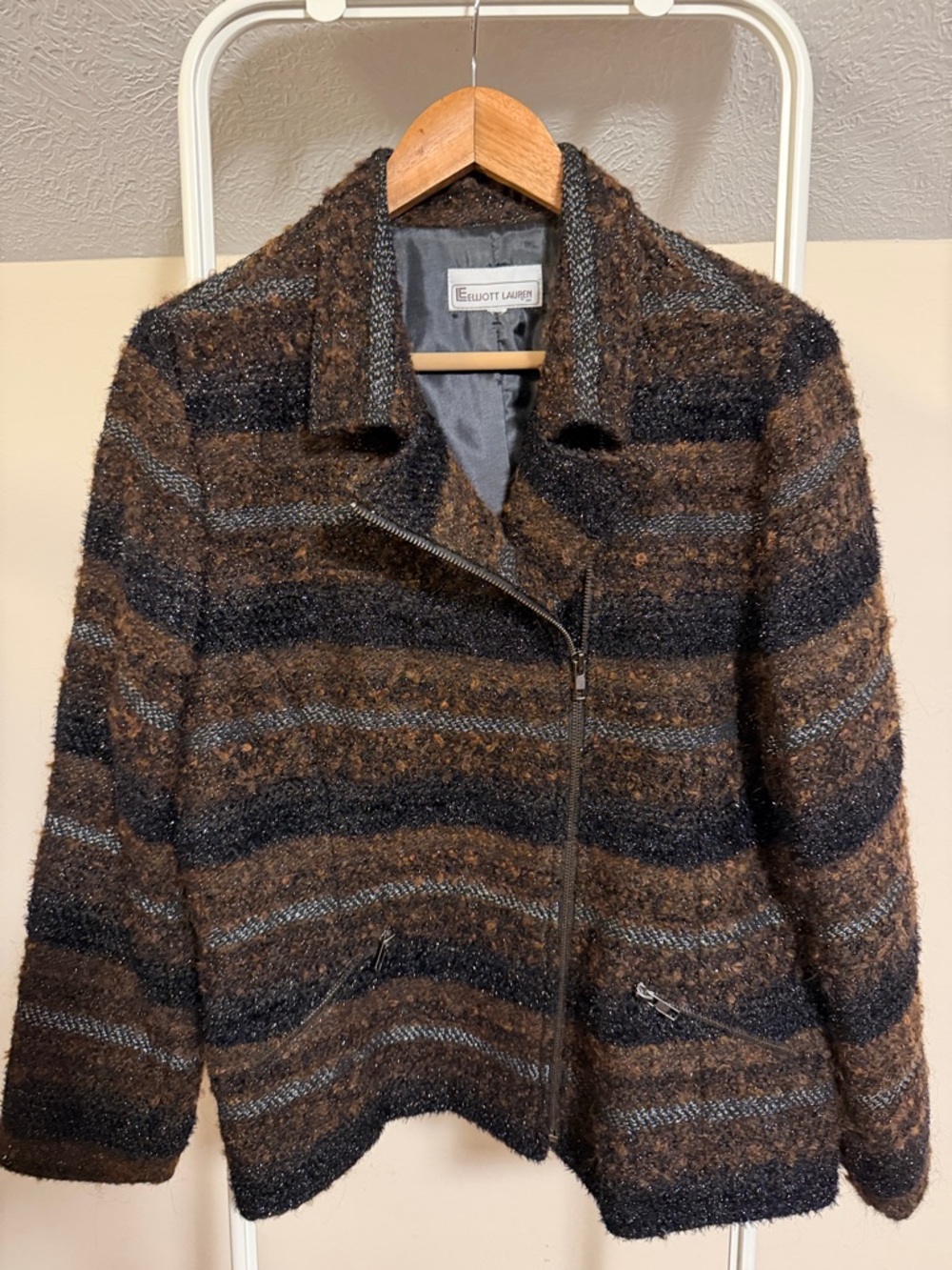 Elliot Lauren wool blend asymmetrical jacket black brown metallic